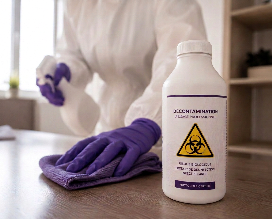 Mains gantées de violet déposant délicatement un bouquet de fleurs blanches sur une table en bois, en hommage et signe de respect
