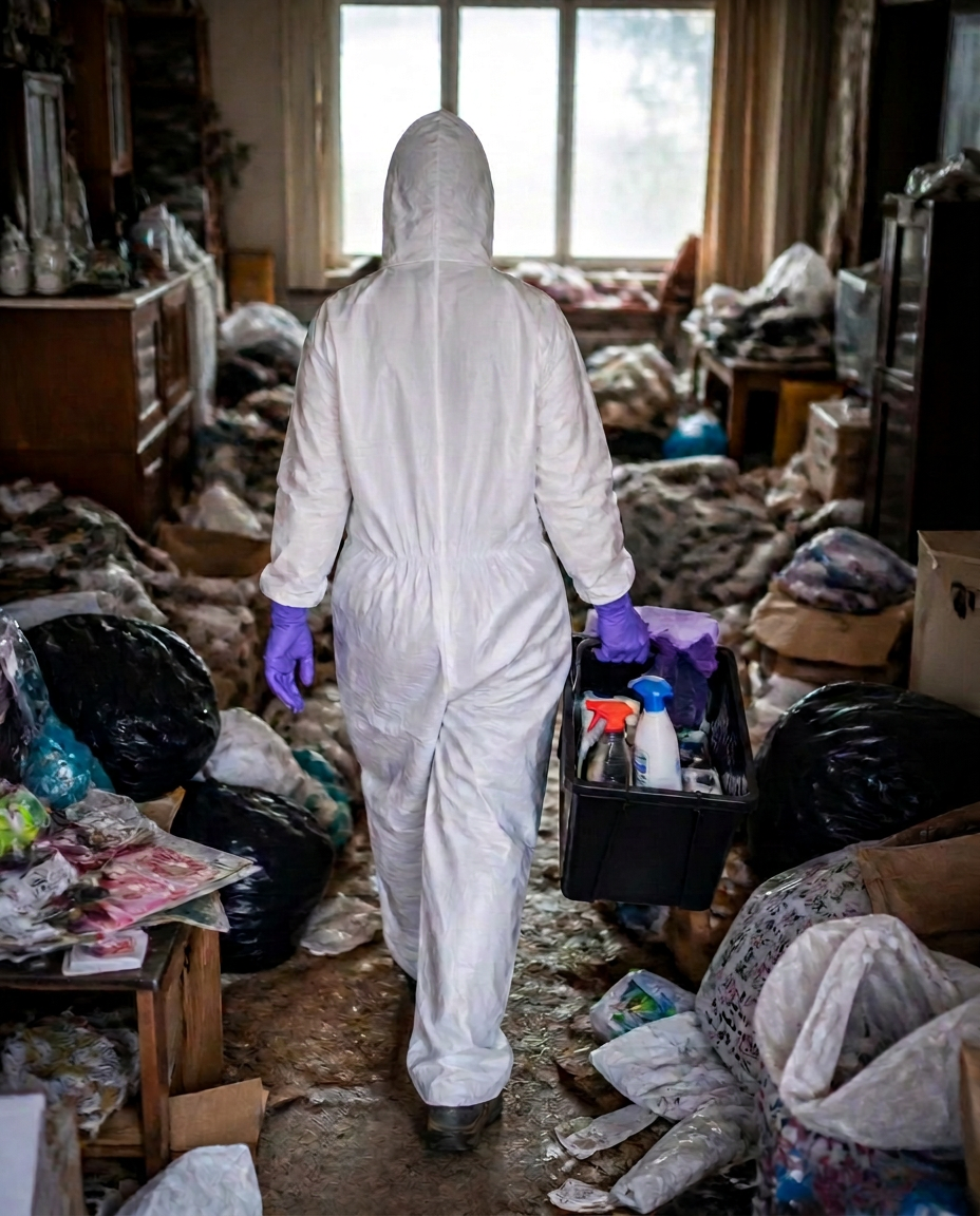 Professionnelle LUMÉA en combinaison blanche de dos, avançant avec un bac de matériel dans un logement très encombré
