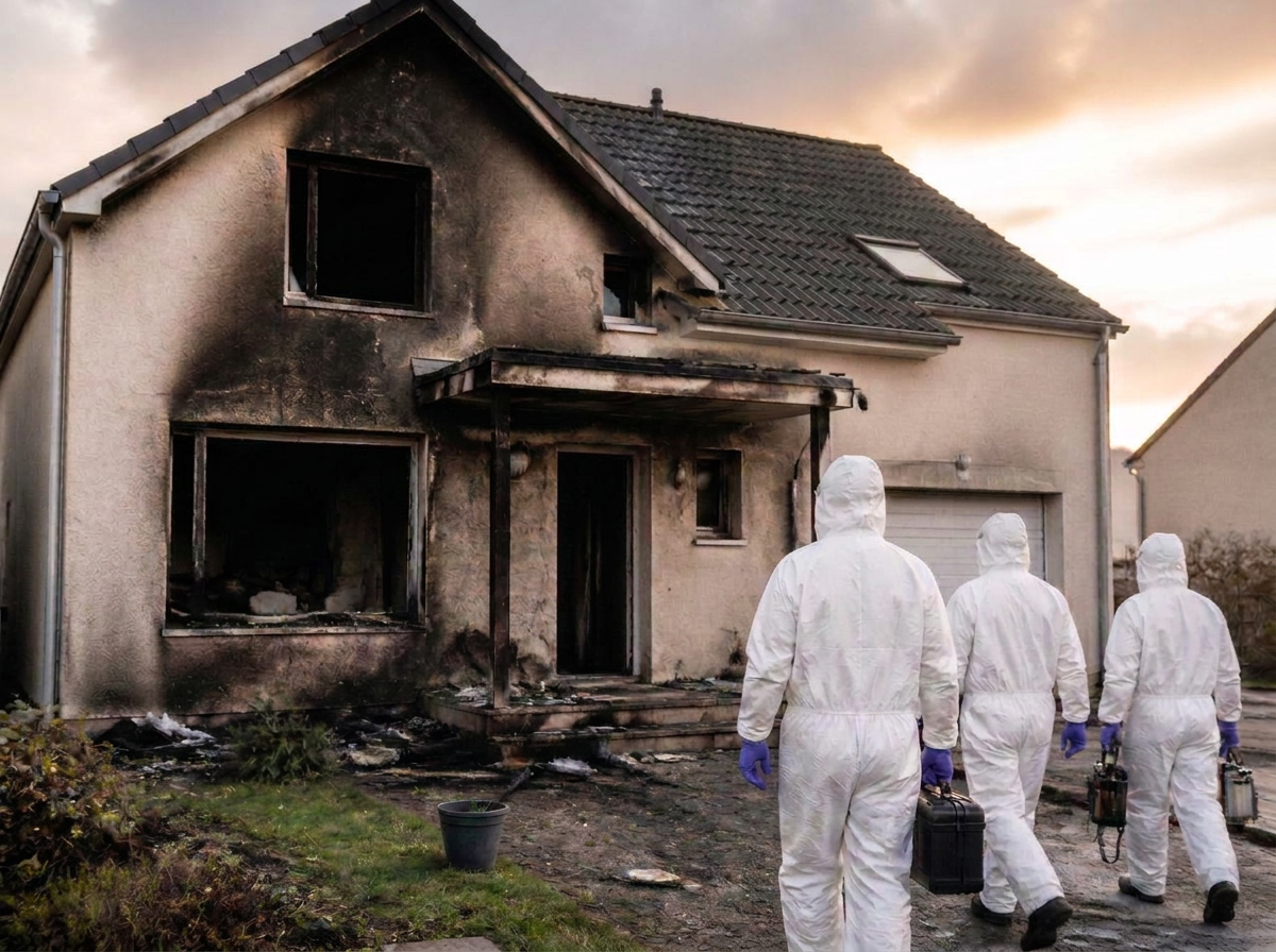 Équipe LUMÉA en combinaisons blanches arrivant devant une maison sinistrée par un incendie pour évaluer et remettre en état les lieux